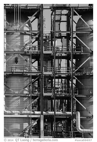 Detail of stairs and process unit in oil refinery, Manhattan Beach. Los Angeles, California, USA (black and white)