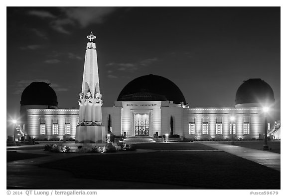 Griffith Observatory at night. Los Angeles, California, USA (black and white)