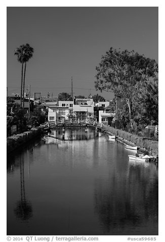 Brightly painted houses along canal. Venice, Los Angeles, California, USA (black and white)