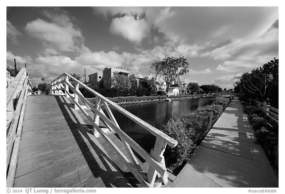 Bridge and walkway, Venice Canal Historic District. Venice, Los Angeles, California, USA (black and white)