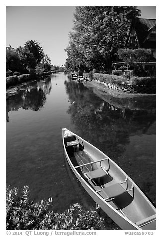 Red rowboat, Venice Canal Historic District. Venice, Los Angeles, California, USA (black and white)
