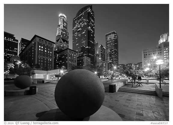 Pershing Square and skyscrappers at dusk. Los Angeles, California, USA (black and white)