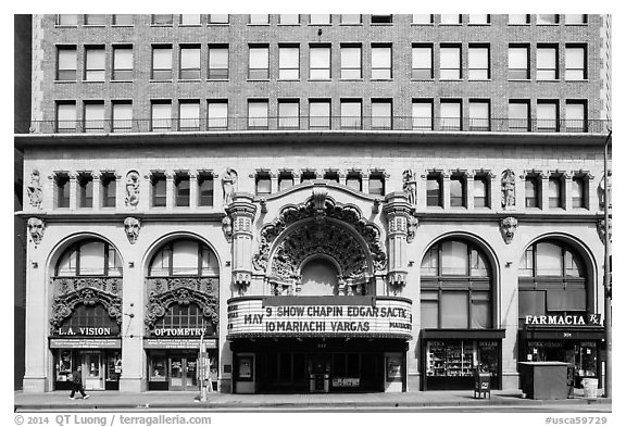 Downtown facade with historic theater. Los Angeles, California, USA (black and white)