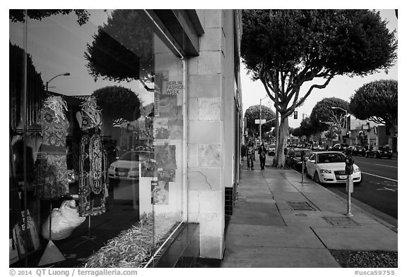 Storefront and downtown street. Santa Monica, Los Angeles, California, USA (black and white)