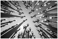 Looking up Chris Burden art installation of street lamps at LACMA. Los Angeles, California, USA ( black and white)