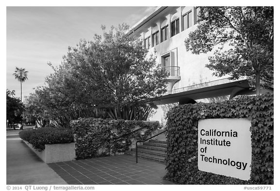 California Institute of Technology campus with sign. Pasadena, Los Angeles, California, USA (black and white)