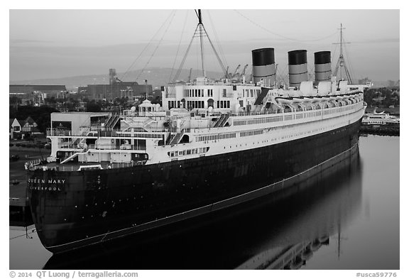 View of Queen Mary from above. Long Beach, Los Angeles, California, USA (black and white)