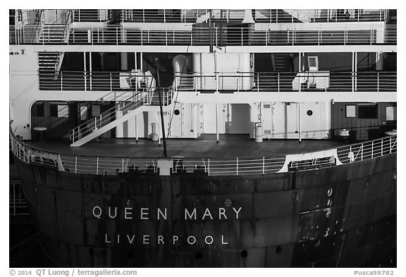 RMS Queen Mary stern. Long Beach, Los Angeles, California, USA (black and white)