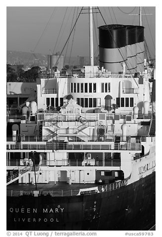 Queen Mary stern and smokestacks at sunrise. Long Beach, Los Angeles, California, USA (black and white)