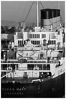 Queen Mary stern and smokestacks at sunrise. Long Beach, Los Angeles, California, USA ( black and white)