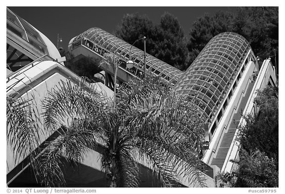 Elevators between lower and higher levels, Universal Studios. Universal City, Los Angeles, California, USA (black and white)