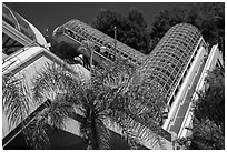 Elevators between lower and higher levels, Universal Studios. Universal City, Los Angeles, California, USA ( black and white)