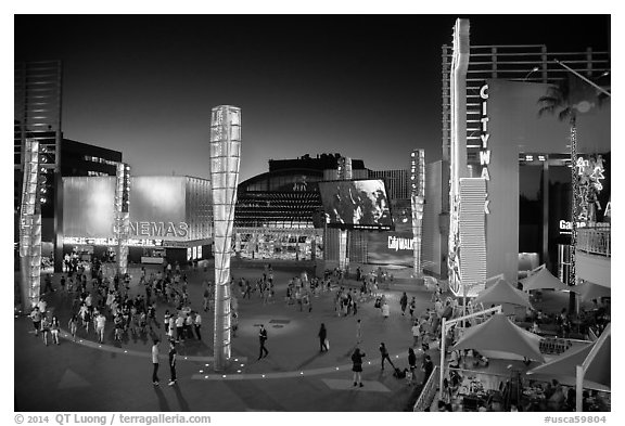 Universal Citywalk entertainment and retail districts at night. Universal City, Los Angeles, California, USA (black and white)