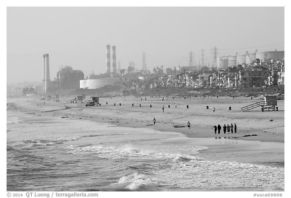 Beach and industrial facilities, Manhattan Beach. Los Angeles, California, USA (black and white)