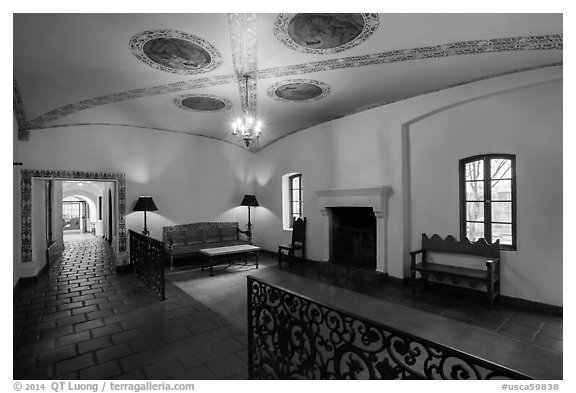 Historic Red tile passageway, La Arcada. Santa Barbara, California, USA (black and white)