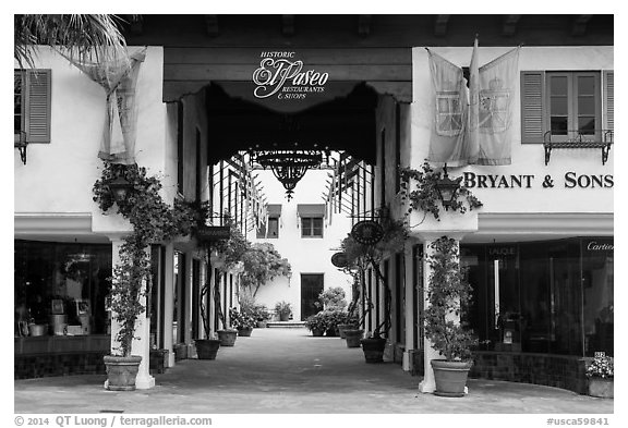 Entrance of Historic Paseo shopping area. Santa Barbara, California, USA (black and white)