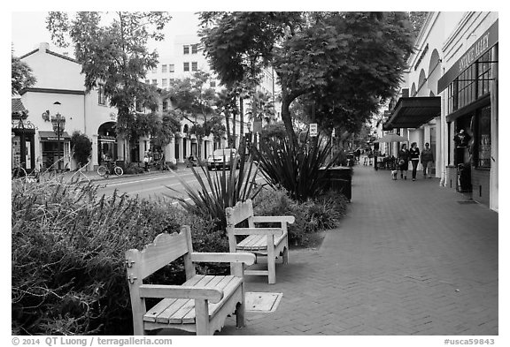 Red tile sidewalk, State Street. Santa Barbara, California, USA (black and white)