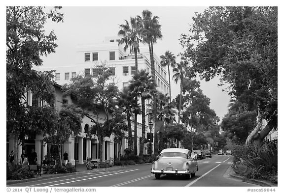 State Street on cloudy day. Santa Barbara, California, USA (black and white)