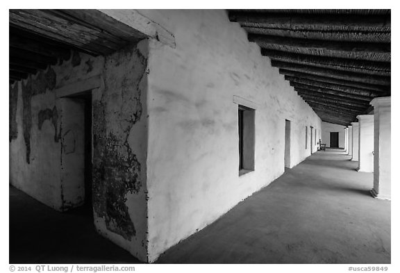 Galleries, El Presidio de Santa Barbara. Santa Barbara, California, USA (black and white)