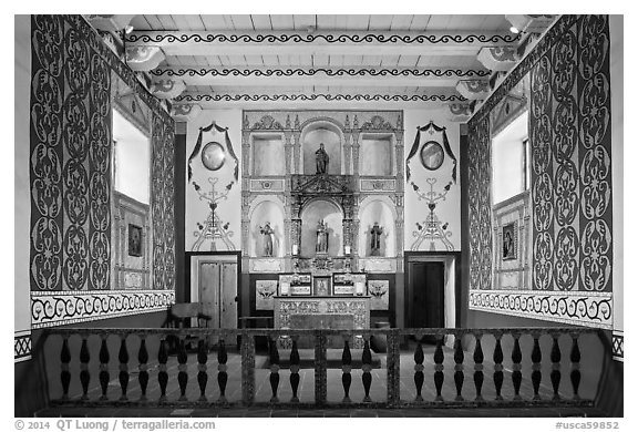 Brighly colored chapel, El Presidio. Santa Barbara, California, USA (black and white)