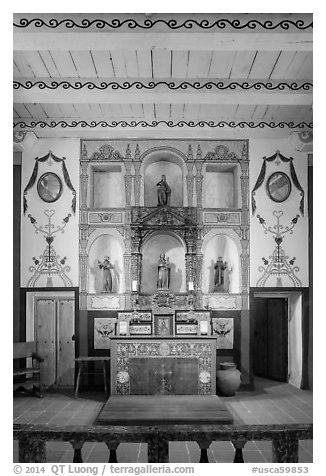 Chapel interior, El Presidio. Santa Barbara, California, USA (black and white)