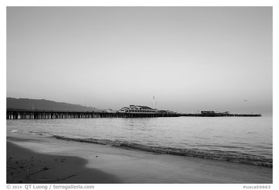 Beach and Stearns Wharff and sunset. Santa Barbara, California, USA (black and white)