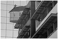 Reflection of Fallen Star sitting atop building, University of California. La Jolla, San Diego, California, USA ( black and white)