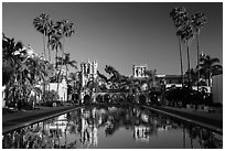 Casa de Balboa and House of Hospitality reflected in lily pond. San Diego, California, USA ( black and white)
