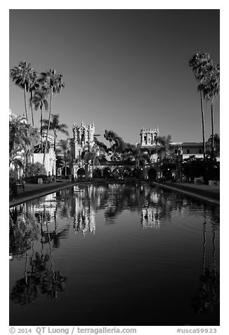 House of Hospitality and Casa de Balboa reflected in lily pond. San Diego, California, USA (black and white)