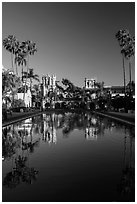 House of Hospitality and Casa de Balboa reflected in lily pond. San Diego, California, USA ( black and white)