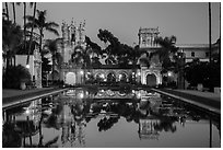 Casa de Balboa, Colonade, and House of Hospitality at dusk. San Diego, California, USA ( black and white)