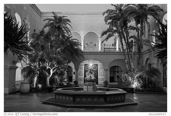 Casa de Balboa mauresque courtyard at dusk. San Diego, California, USA (black and white)