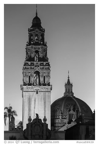 Museum of Man tower and dome at dusk. San Diego, California, USA (black and white)