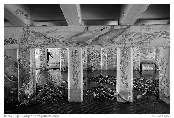 Man walking dog in underpass with mural, Leo Carrillo State Park. Los Angeles, California, USA (black and white)