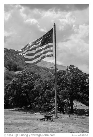 American flag, Fort Tejon. California, USA (black and white)