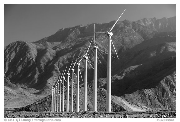 Wind turbines and mountains, San Gorgonio Pass. California, USA (black and white)