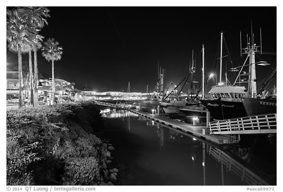 Ventura harbor at night. California, USA (black and white)