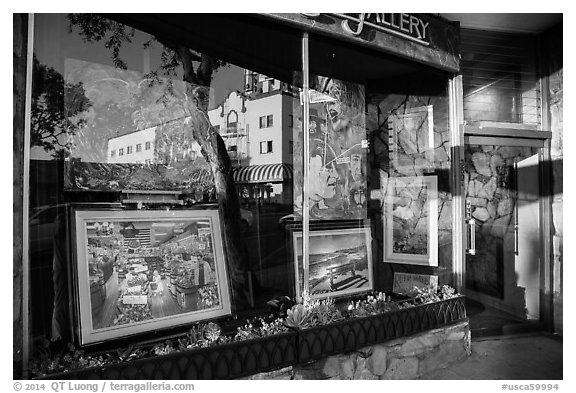 Reflection in art gallery window. Laguna Beach, Orange County, California, USA (black and white)