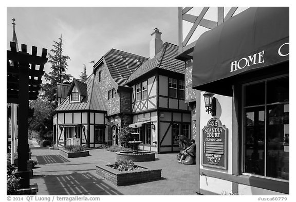 Court with half-timbered buildings. Solvang, California, USA (black and white)