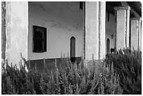 Flowers and gallery, La Purísima Mission. Lompoc, California, USA ( black and white)