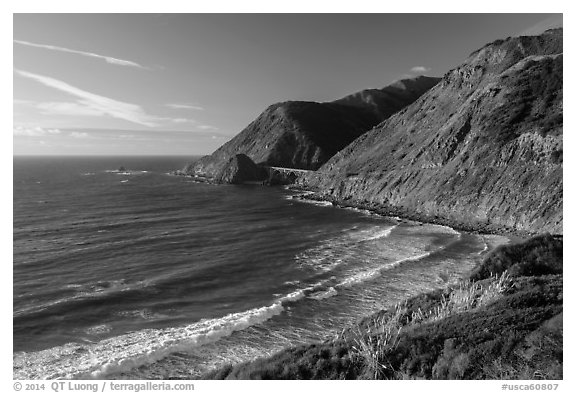 Cove lighted by setting sun. Big Sur, California, USA (black and white)