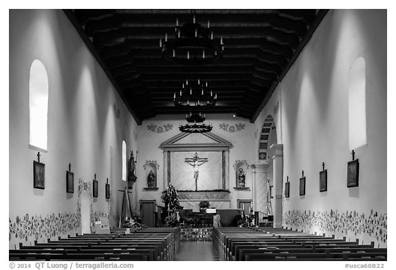Chapel interior, Mission San Luis Obispo de Tolosa. California, USA (black and white)