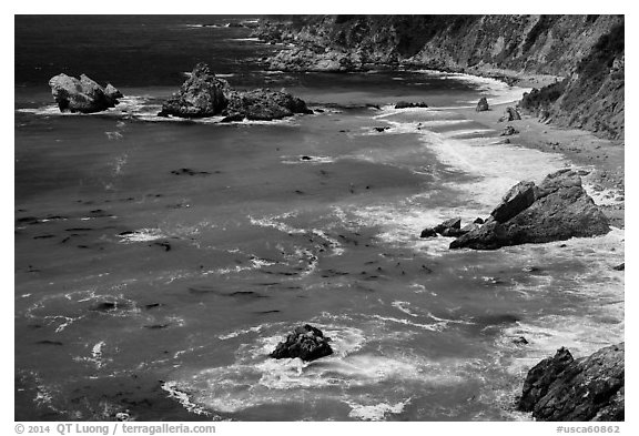 Green waters and shoreline, Julia Pfeiffer Burns State Park. Big Sur, California, USA (black and white)