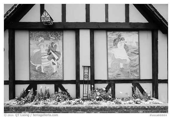 Mural decor on danish-style building. Solvang, California, USA (black and white)