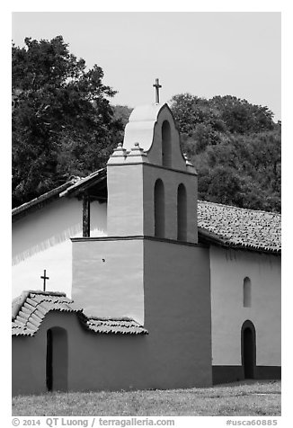 Bell tower, La Purisma Mission. Lompoc, California, USA (black and white)