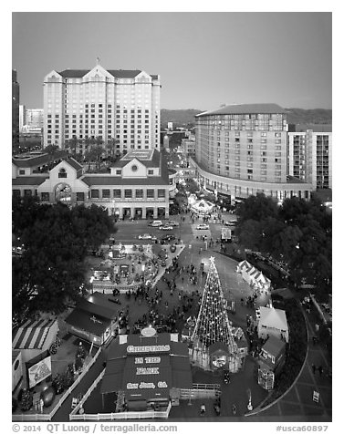 Aerial view of Christmas in the Park and Fairmont Hotel. San Jose, California, USA (black and white)
