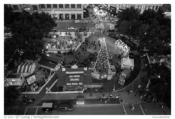 Aerial view of Christmas in the Park. San Jose, California, USA (black and white)