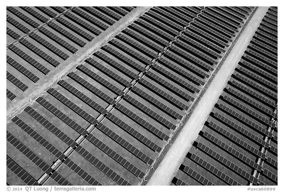 Aerial view of solar park. San Jose, California, USA (black and white)
