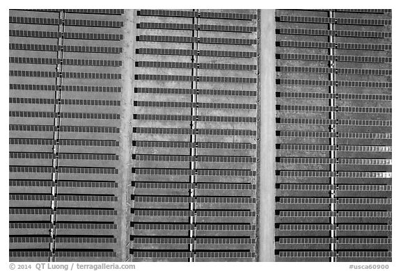 Aerial view of solar energy farm. San Jose, California, USA (black and white)