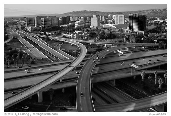 Aerial view of highway exchange and downtown. San Jose, California, USA (black and white)